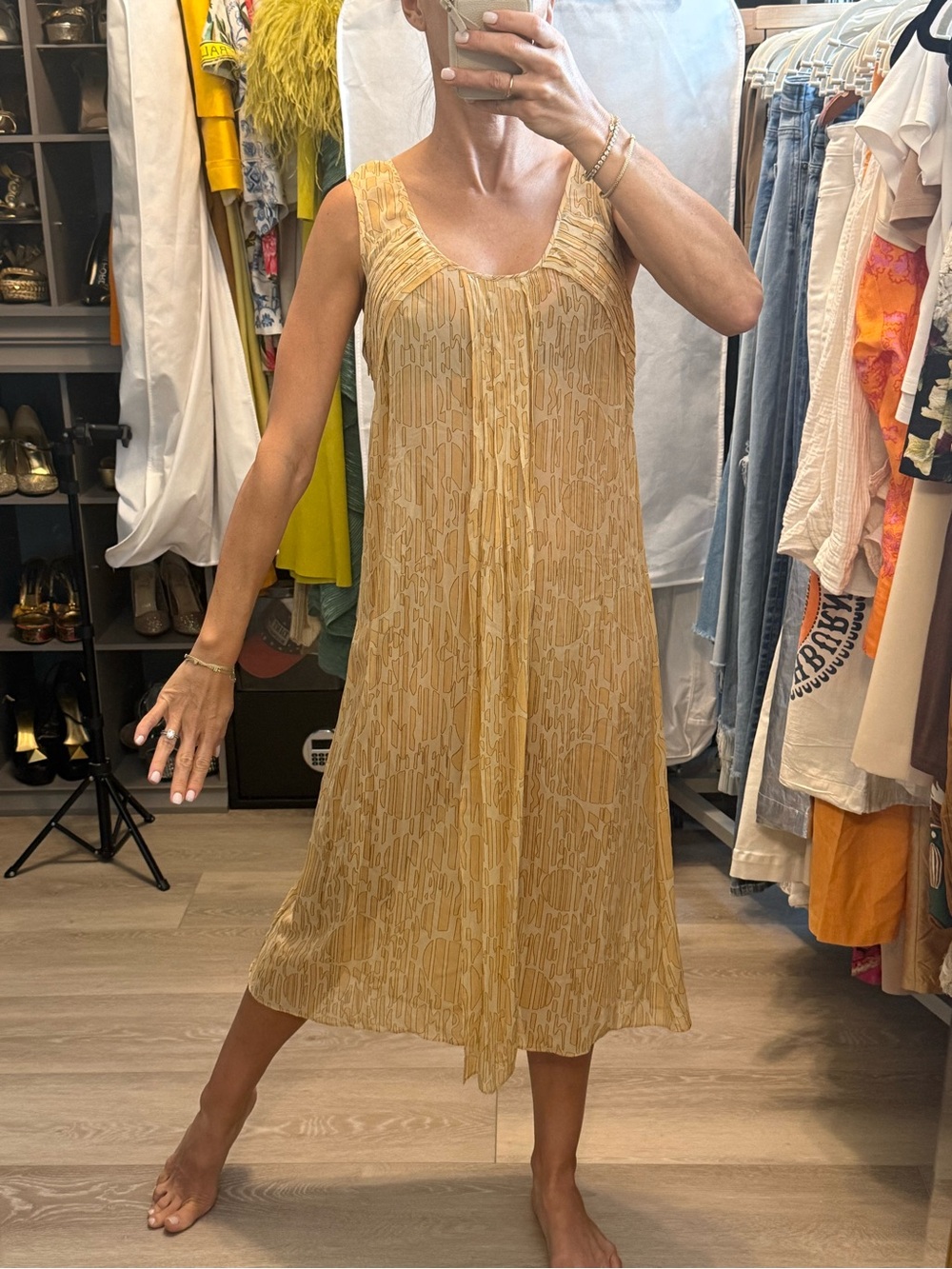 100% Silk Sleeveless Yellow Patterned Midi Dress Y2k
